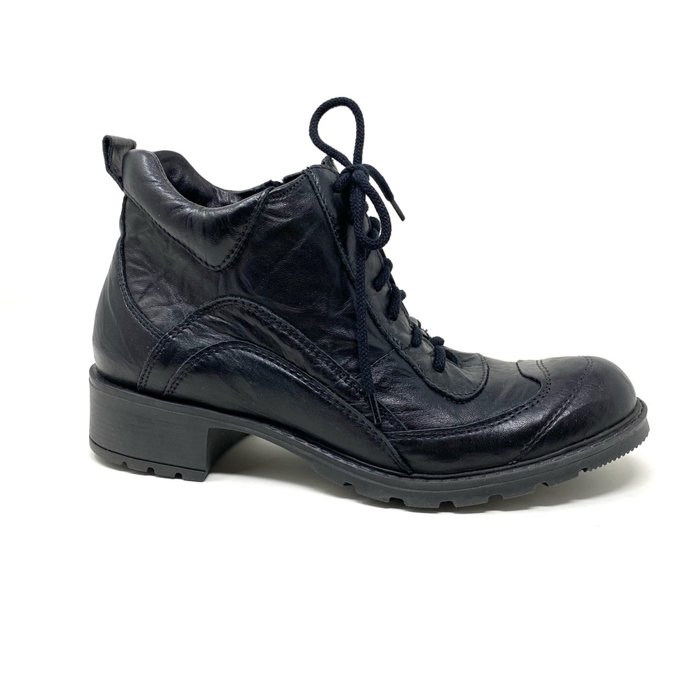 Black Leather Lace Up Ankle Boots Zip Fleece Lined Comfort Shoes